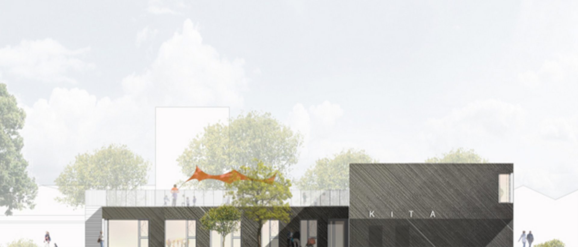 Modern building with a flat roof labeled "KITA," featuring an outdoor terrace with an orange shade and trees in the background.