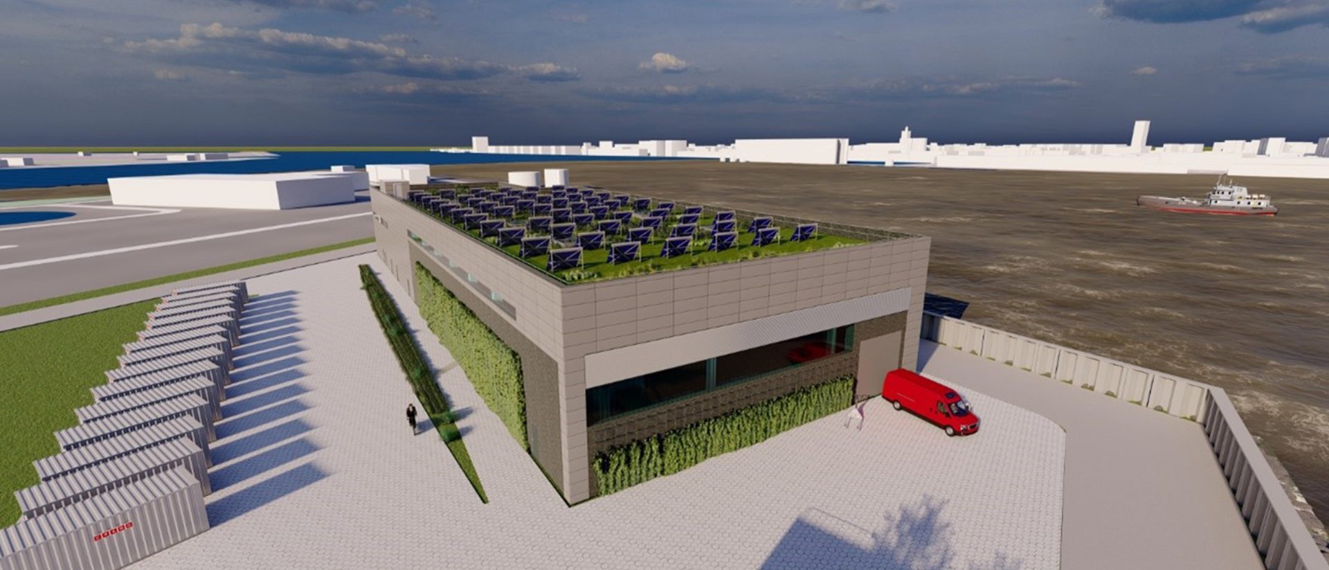 A modern industrial building with solar panels on the roof, a red van parked outside, and greenery along the walls near a waterfront area.
