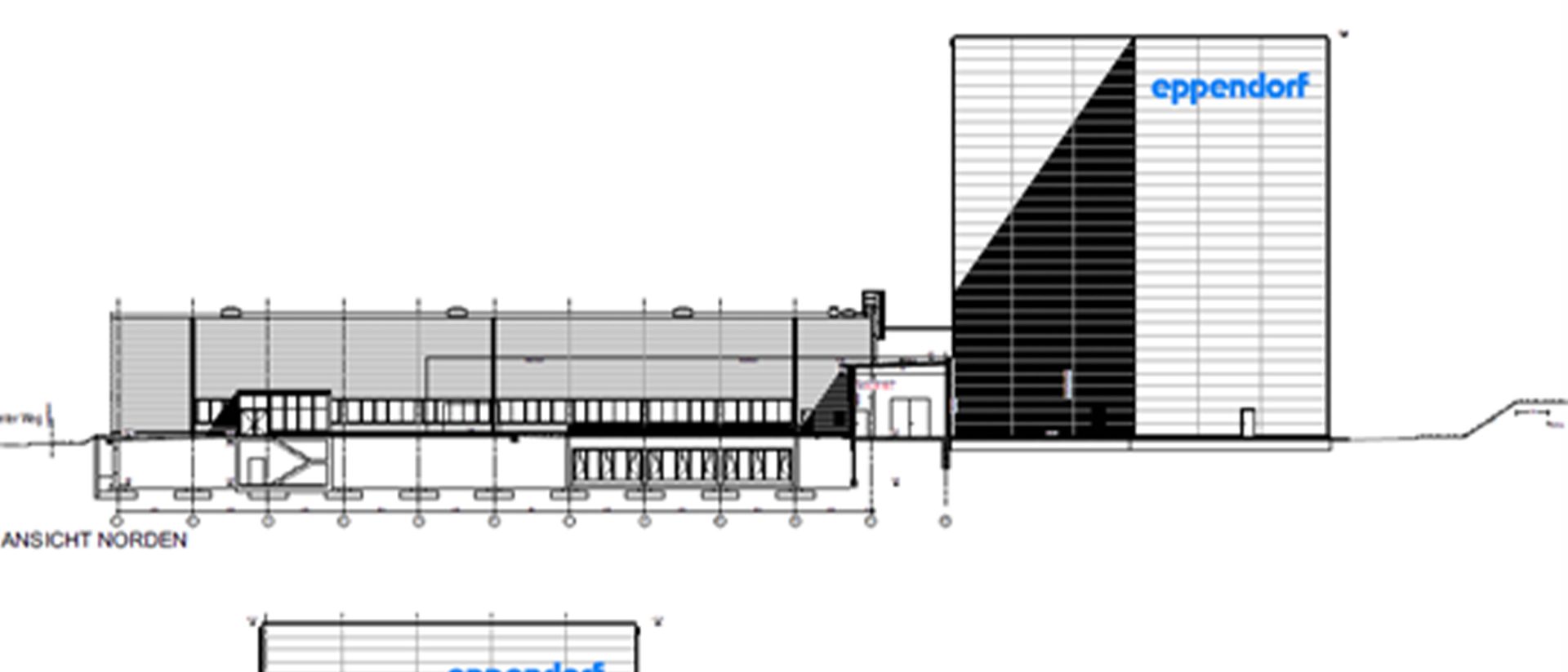 Architectural elevation drawing of a building labeled "eppendorf," showing structural details and section lines with a focus on the northern facade.
