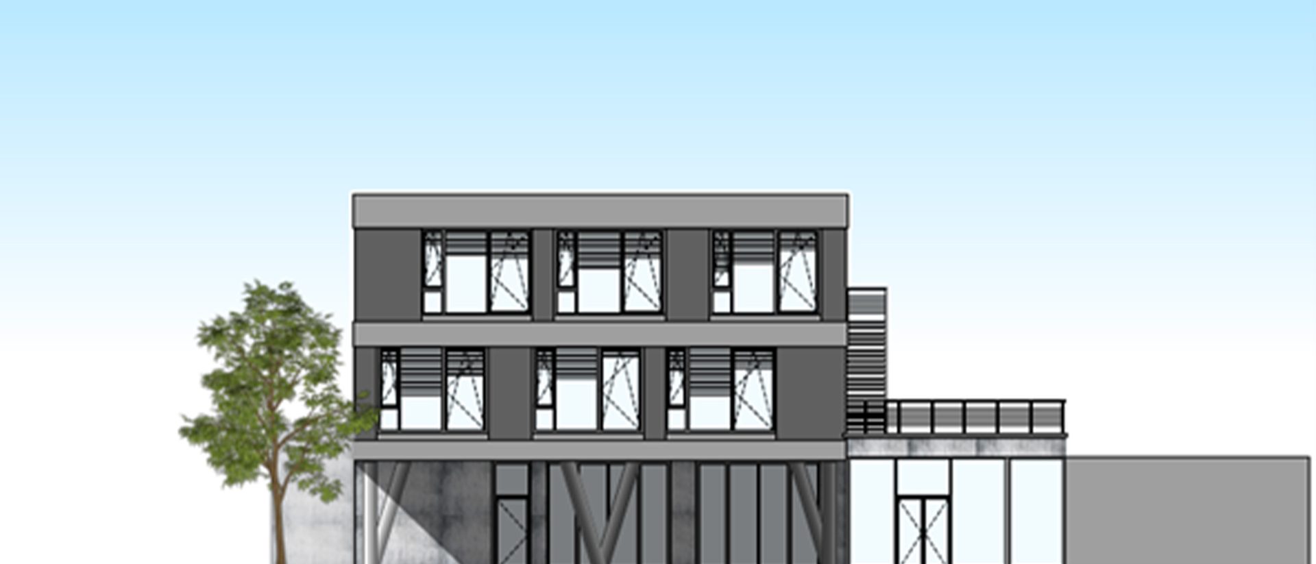 Architectural rendering of a three-story modern building with large windows, a flat roof, and a tree on the left side.