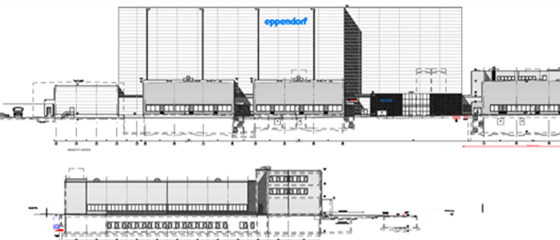 Architectural drawing of a large industrial facility labeled "Eppendorf," showing front and side elevations with building details.