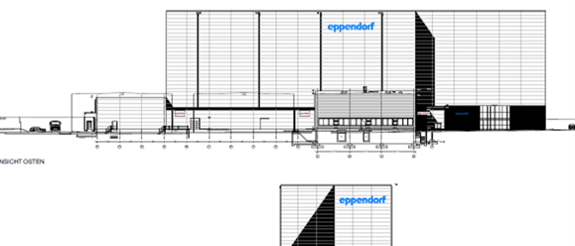 Architectural elevation drawing showing a large industrial building labeled "Eppendorf," with loading docks, smaller attached structures, and vehicles visible on the left side.