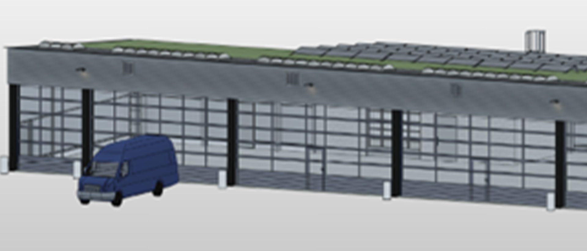 A digital rendering shows a modern building with large glass doors, a blue van parked outside, and solar panels on the roof.