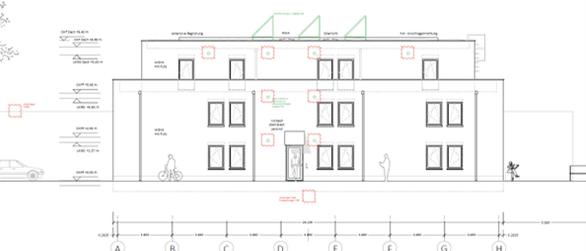 Architectural elevation drawing of a two-story building with labeled windows, doors, dimensions, and positions of people, bicycle, car, and landscaping elements.