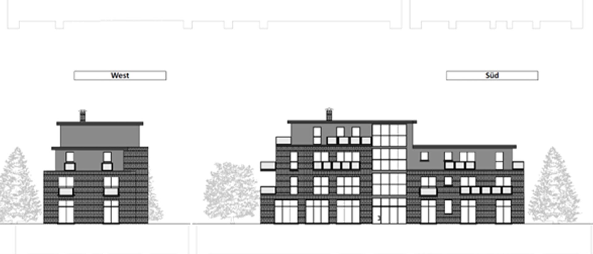 Architectural elevation drawings showing the west and south sides of a multi-story brick building with balconies and large windows.