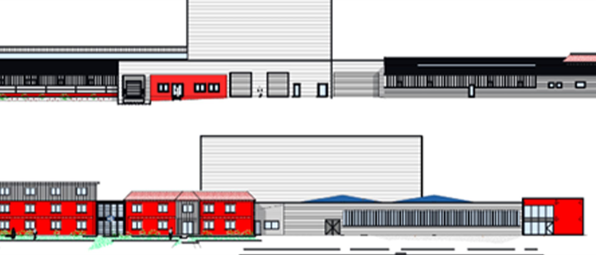 Architectural elevation drawing showing two views of a building complex with a mix of red and gray structures, multiple entrances, and various roof types.