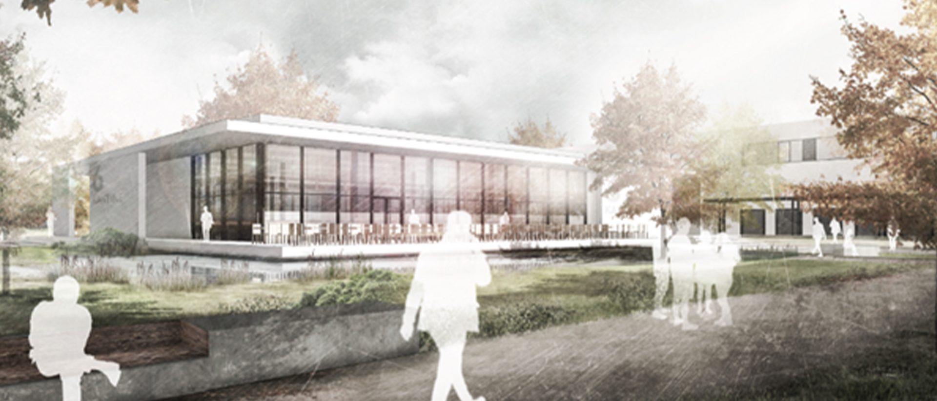 Modern glass building with large windows surrounded by trees, people walking and sitting outside on a cloudy day.