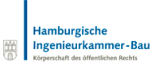 Logo der Hamburgischen Ingenieurkammer-Bau mit deutschem Text und einem kleinen Emblem auf der linken Seite.