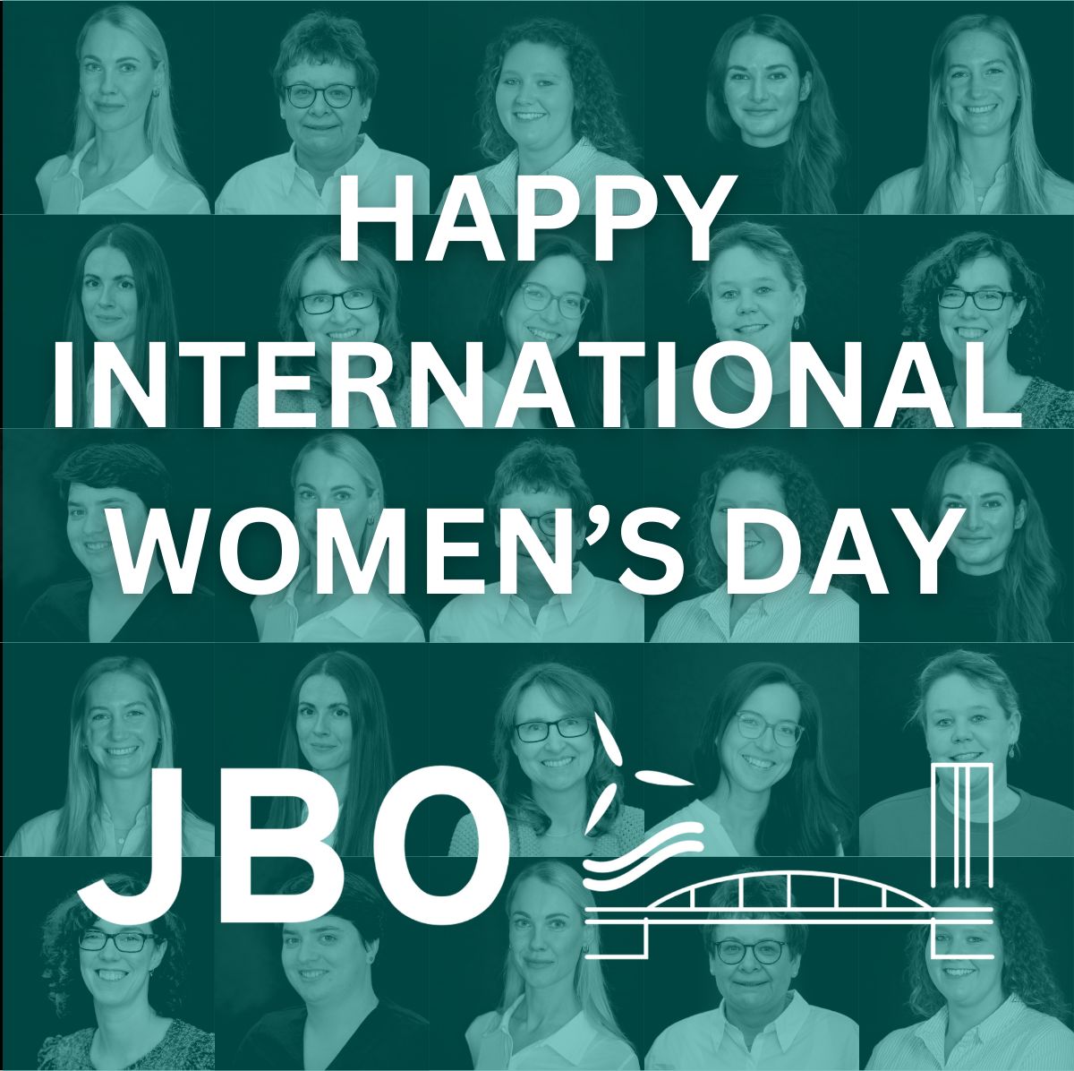 Eine Collage von Frauen in Graustufen mit dem darüber gelegten Text „HAPPY INTERNATIONAL WOMEN’S DAY JBO“ und einer Grafik einer Brücke und Wellen feiert den Internationalen Frauentag JBO.