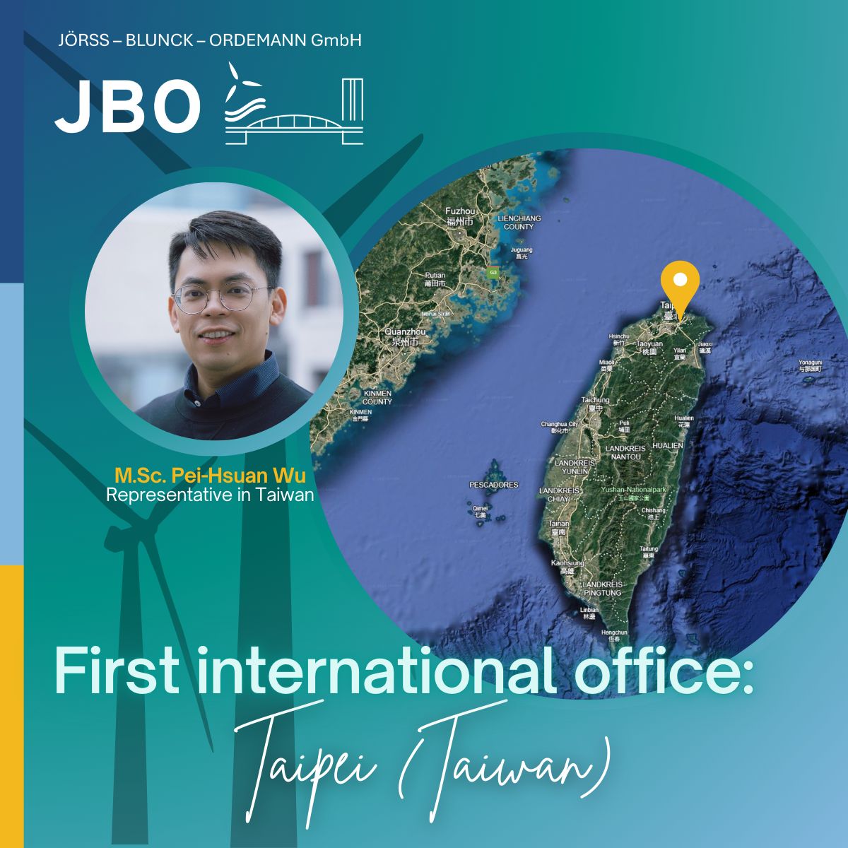 Ein Porträtfoto von M.Sc. Pei-Hsuan Wu mit einer Karte von Taipeh, Taiwan, kündigt das erste internationale Büro von JBO Büro Taiwan mit Schwerpunkt Offshore-Windenergie in Taipeh an.