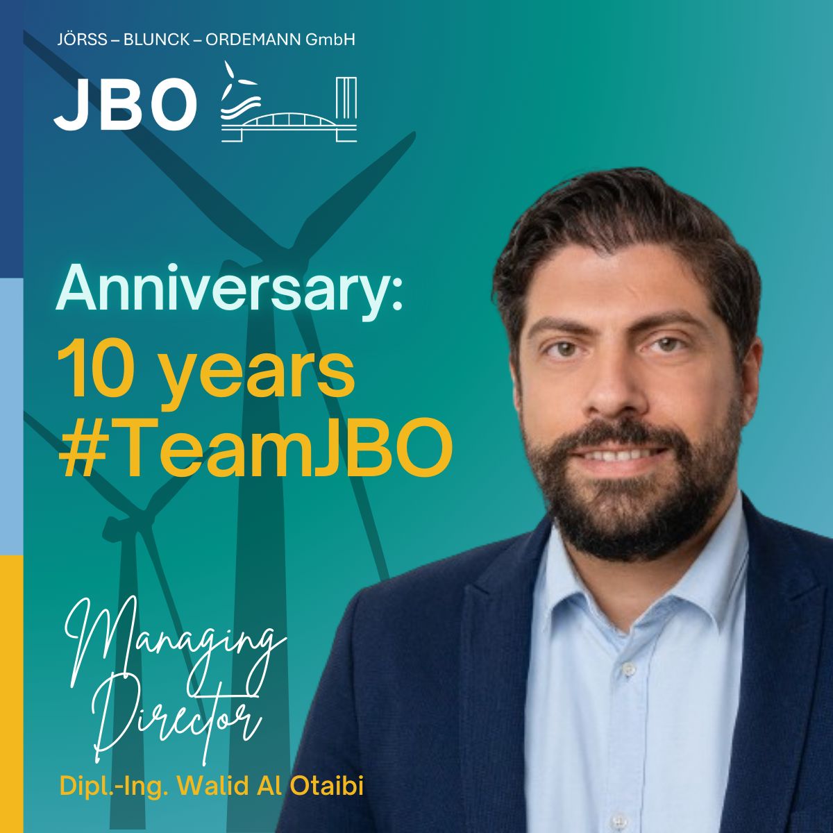 A man in a suit is pictured in front of illustrated wind turbines with text celebrating his 10-year anniversary as Managing Director at Jörss – Blunck – Ordemann GmbH.