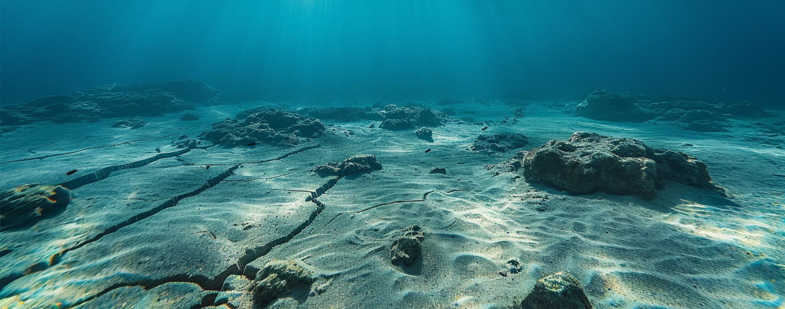 Sonnenlicht strömt durch das klare blaue Wasser und beleuchtet einen sandigen Meeresboden mit verstreuten Steinen und sichtbaren Rissen.