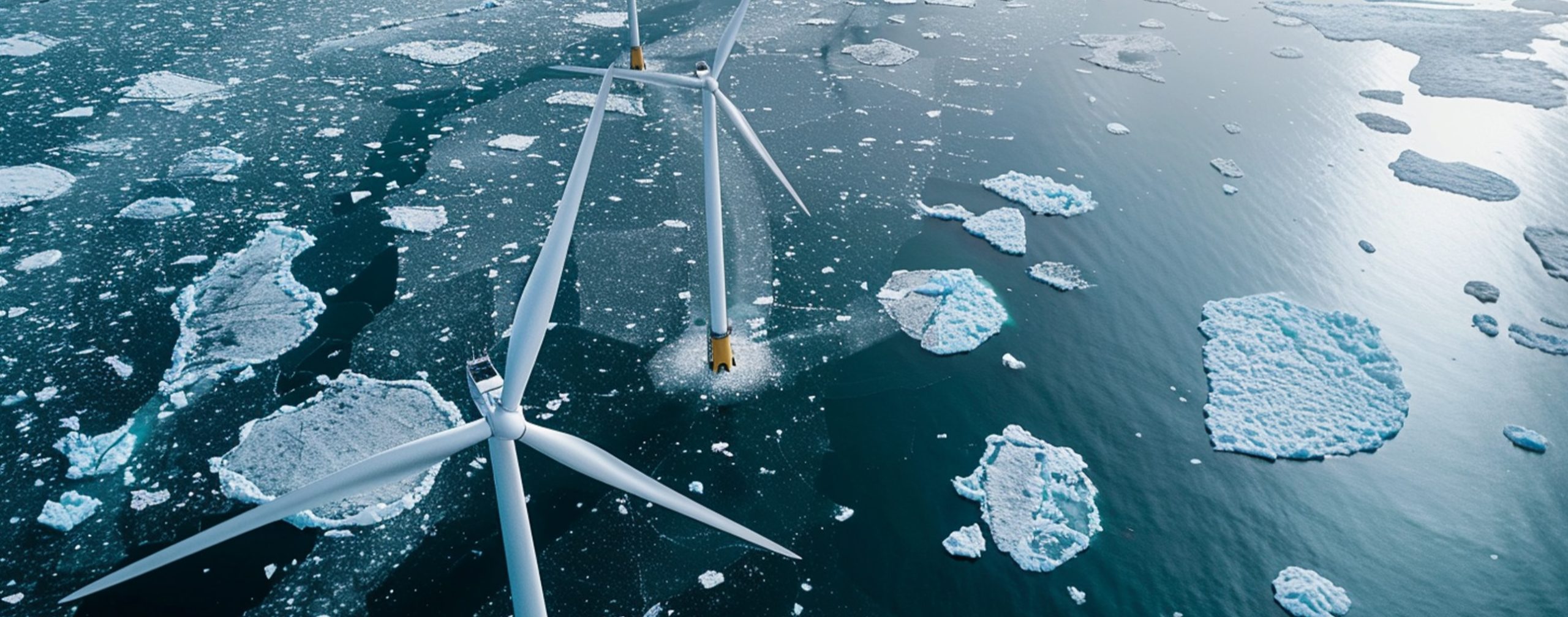 Luftaufnahme von Windturbinen, die im eisigen Wasser stehen, umgeben von schwimmenden Eisbergen und Eisflächen.