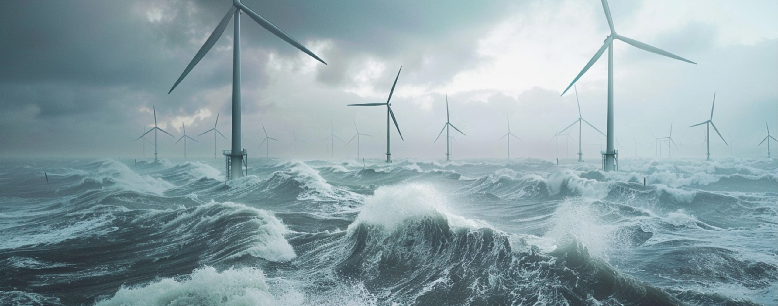 Große Offshore-Windturbinen stehen im rauen, kabbeligen Ozean unter einem bewölkten, stürmischen Himmel.