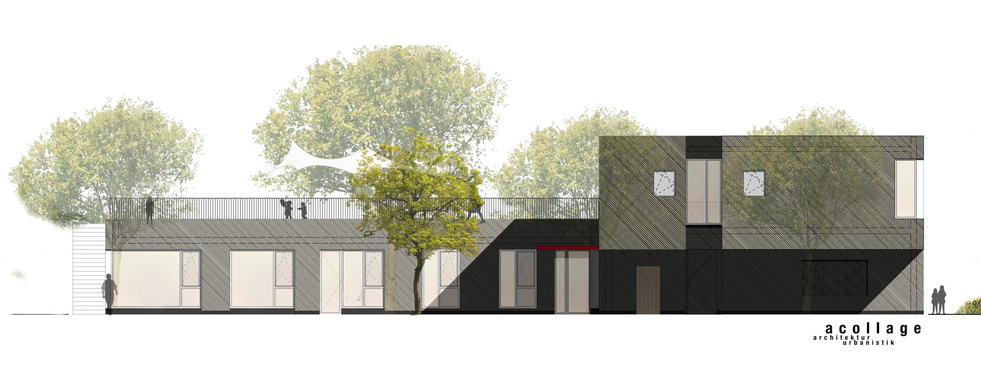 Architectural elevation drawing of a modern two-story building with large windows, a flat roof, trees in the background, and people visible on the rooftop terrace and ground level.