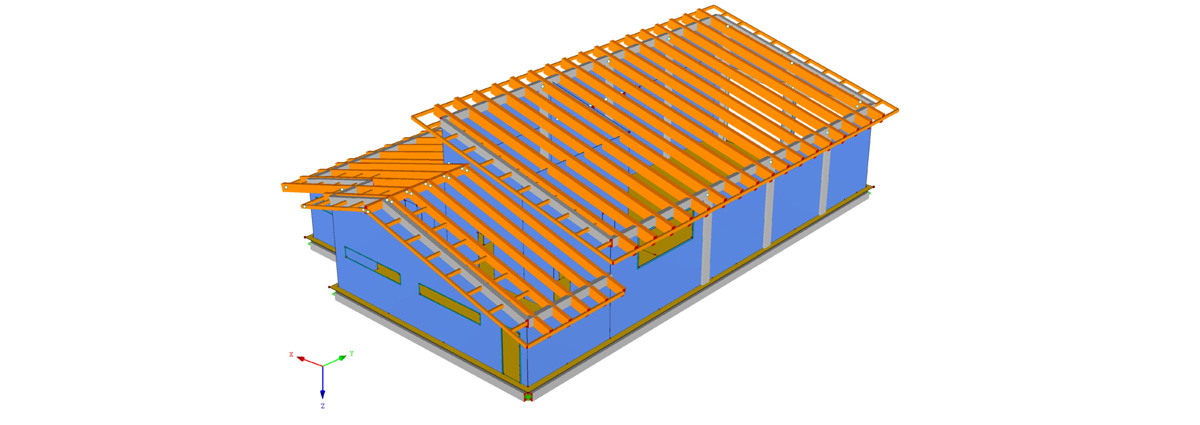 3D model of a building under construction, showing blue exterior walls and exposed orange roof framing with structural beams and rafters.