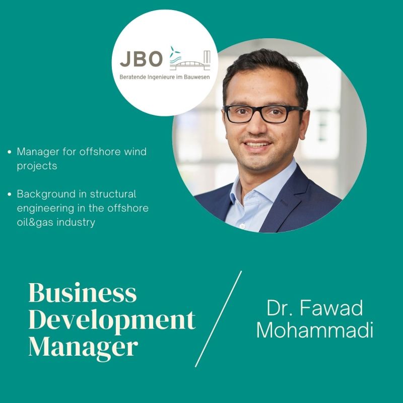 Professional headshot of Dr. Fawad Mohammadi, labeled as Business Development Manager at JBO, with text listing his experience in offshore wind projects and structural engineering.