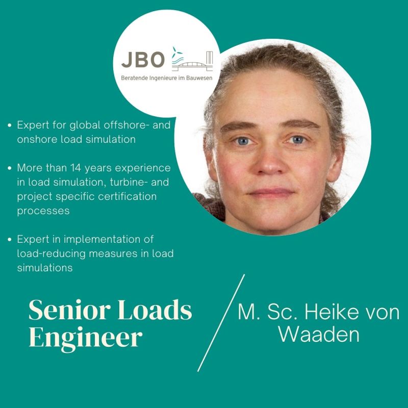 Profile image of M. Sc. Heike von Waaden, Senior Loads Engineer, with qualifications and experience in load simulation and offshore engineering listed on a teal background.