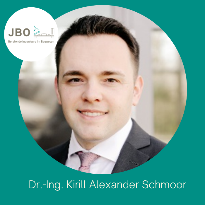 Professional headshot of a man in a suit and tie, with short dark hair, smiling. Text identifies him as Dr.-Ing. Kirill Alexander Schmoor. JBO company logo is visible in the corner.