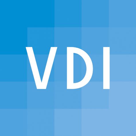Weiße Buchstaben „VDI“ zentriert auf einem blau abgestuften Hintergrund mit geometrischem Quadratmuster.
