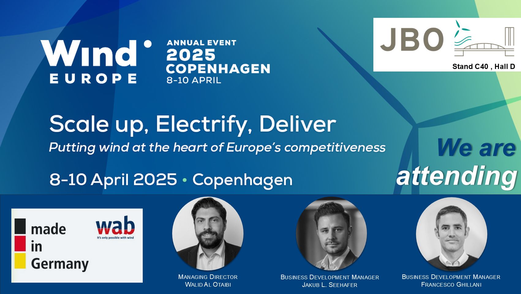 Werbebanner für WindEurope 2025 Kopenhagen Termin mit Veranstaltungsdetails, Logos der Organisatoren und Fotos von drei Business Development Managern.